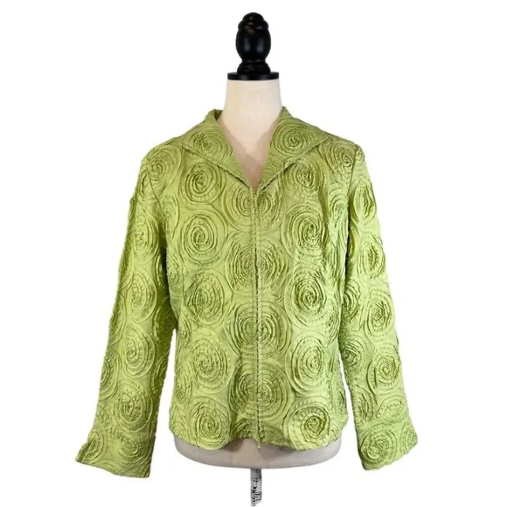 Samuel Dong Green Jacket Rosette Tattered Threads Full Zip Front, Size L